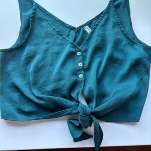 Free People Teal Buttoned Tie-Front Tank Top